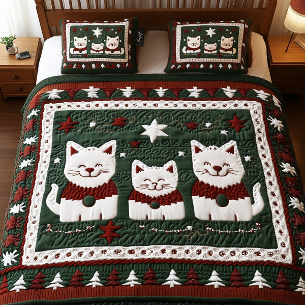 Catnip Wonderland quilted 3-piece bedding set on a made bed with two matching pillow shams