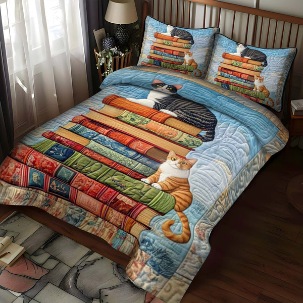 Cats Among Classics quilted 3-piece bedding set on a made bed in a farmhouse bedroom