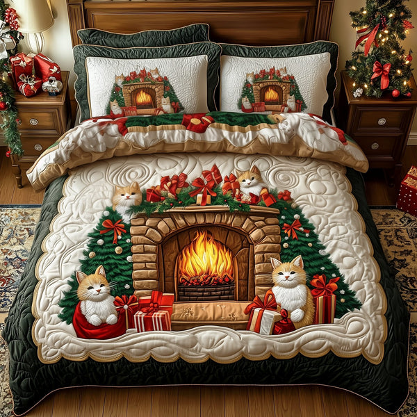Cats by Fireplace quilted 3-piece bedding set on a made bed with two matching pillow shams
