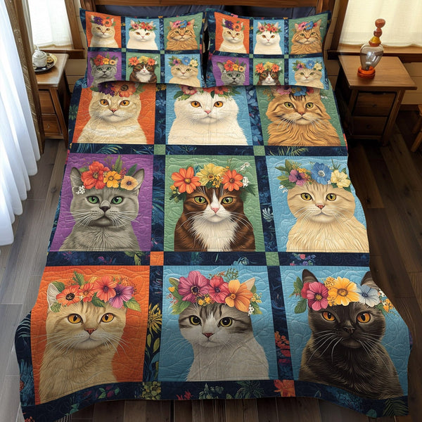 Cats in Bloom quilted 3-piece bedding set on a made bed with two matching pillow shams