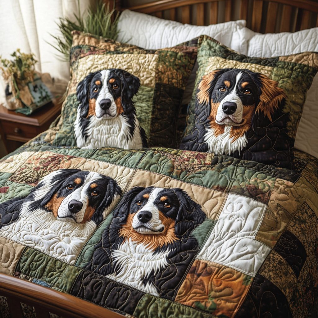 Cattle Call Charm quilted 3-piece bedding set on a made bed in a rustic timber bedroom