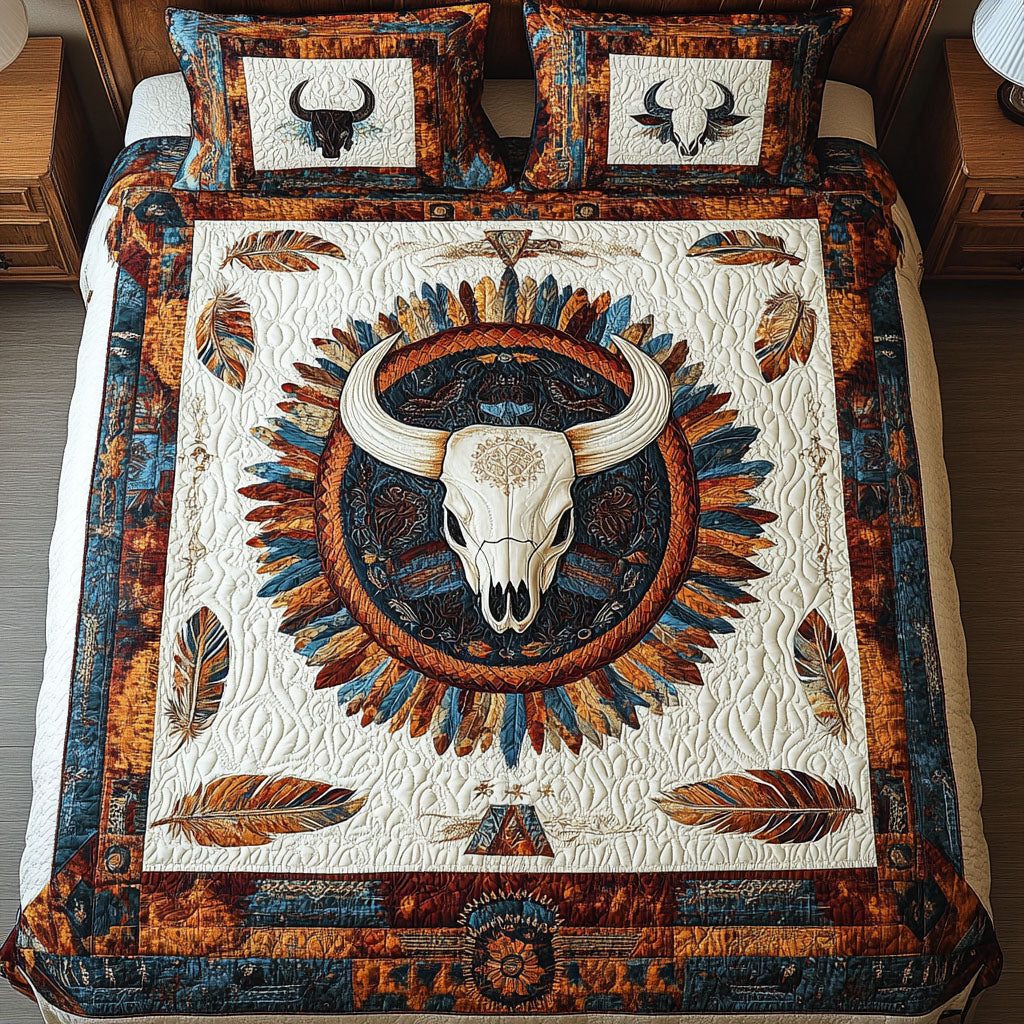 Cattle Drive quilted 3-piece bedding set on a made bed in a rustic timber bedroom