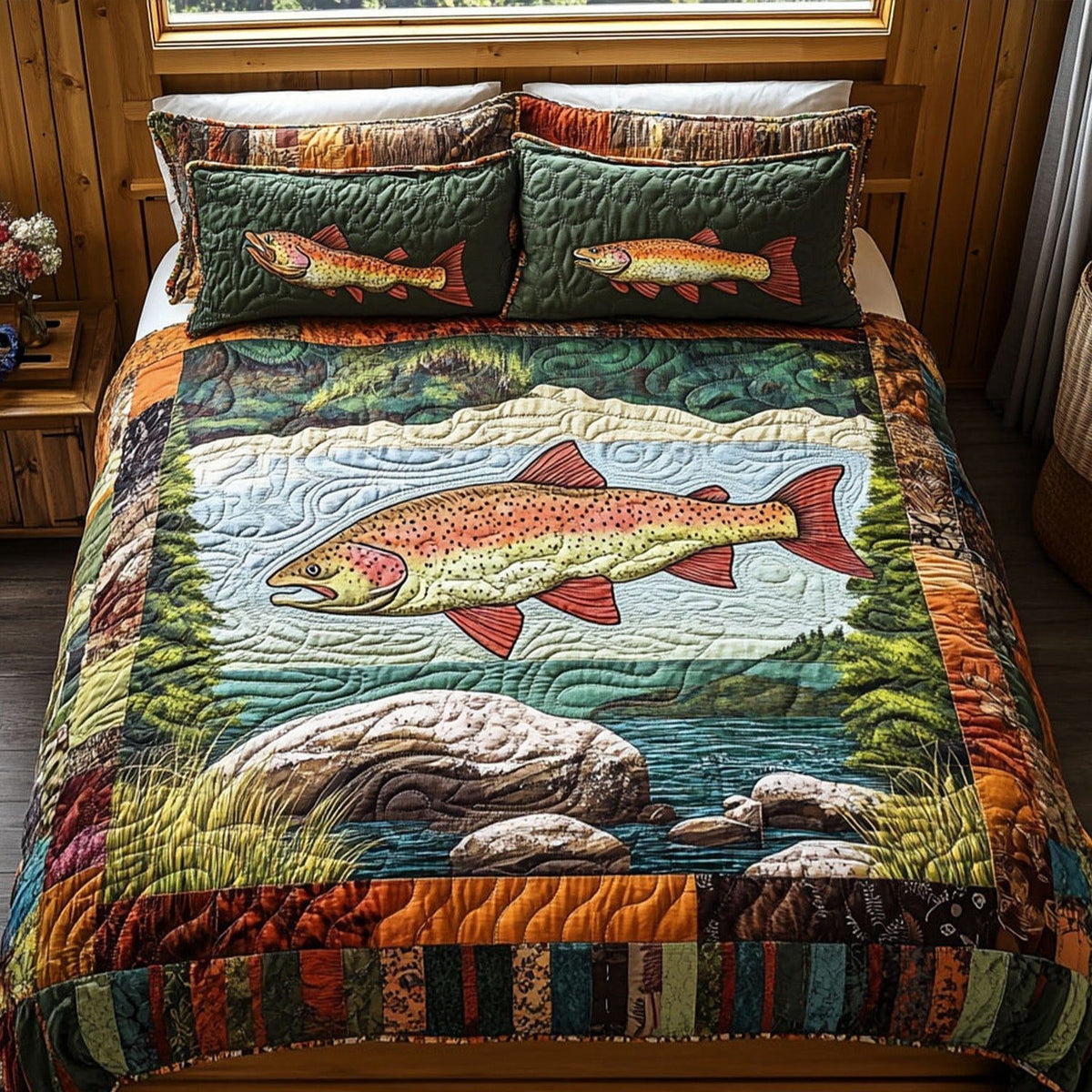Caught in the Current quilted 3-piece bedding set on a made bed with two matching pillow shams