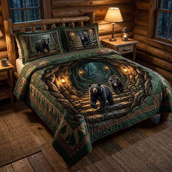 Cave Bear quilted 3-piece bedding set on a made bed with two matching pillow shams