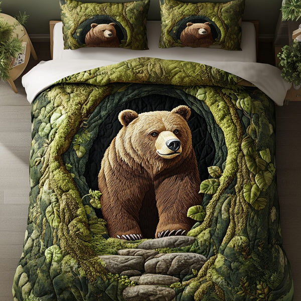 Cave Guardian quilted 3-piece bedding set on a made bed with two matching pillow shams