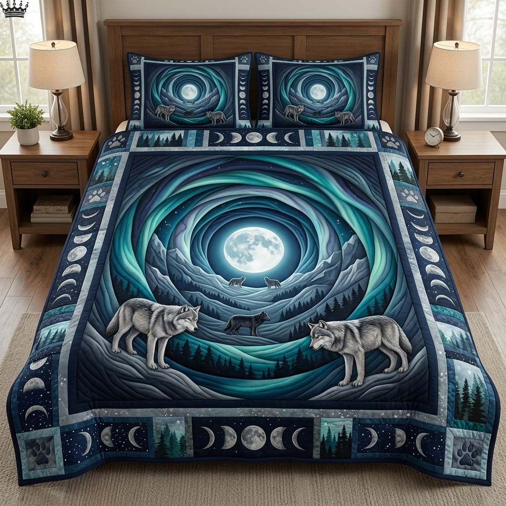 Cavern Wolf quilted 3-piece bedding set on a made bed with two matching pillow shams