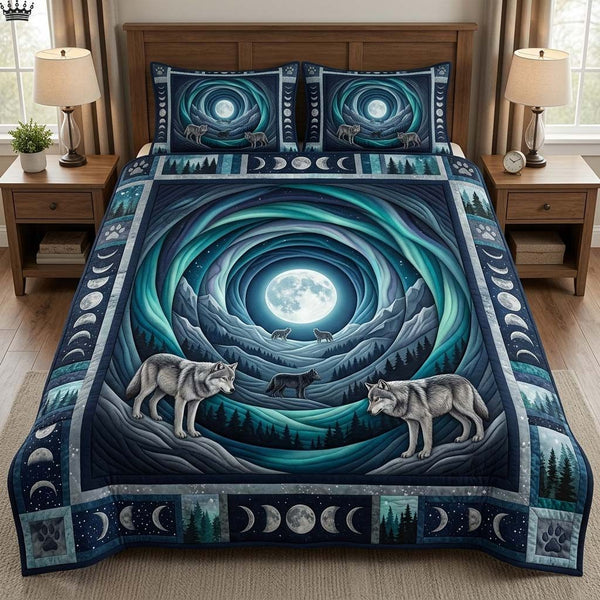 Cavern Wolf quilted 3-piece bedding set on a made bed with two matching pillow shams