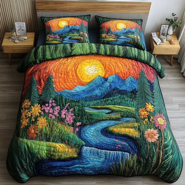 Cedar Nest quilted 3-piece bedding set on a made bed with two matching pillow shams