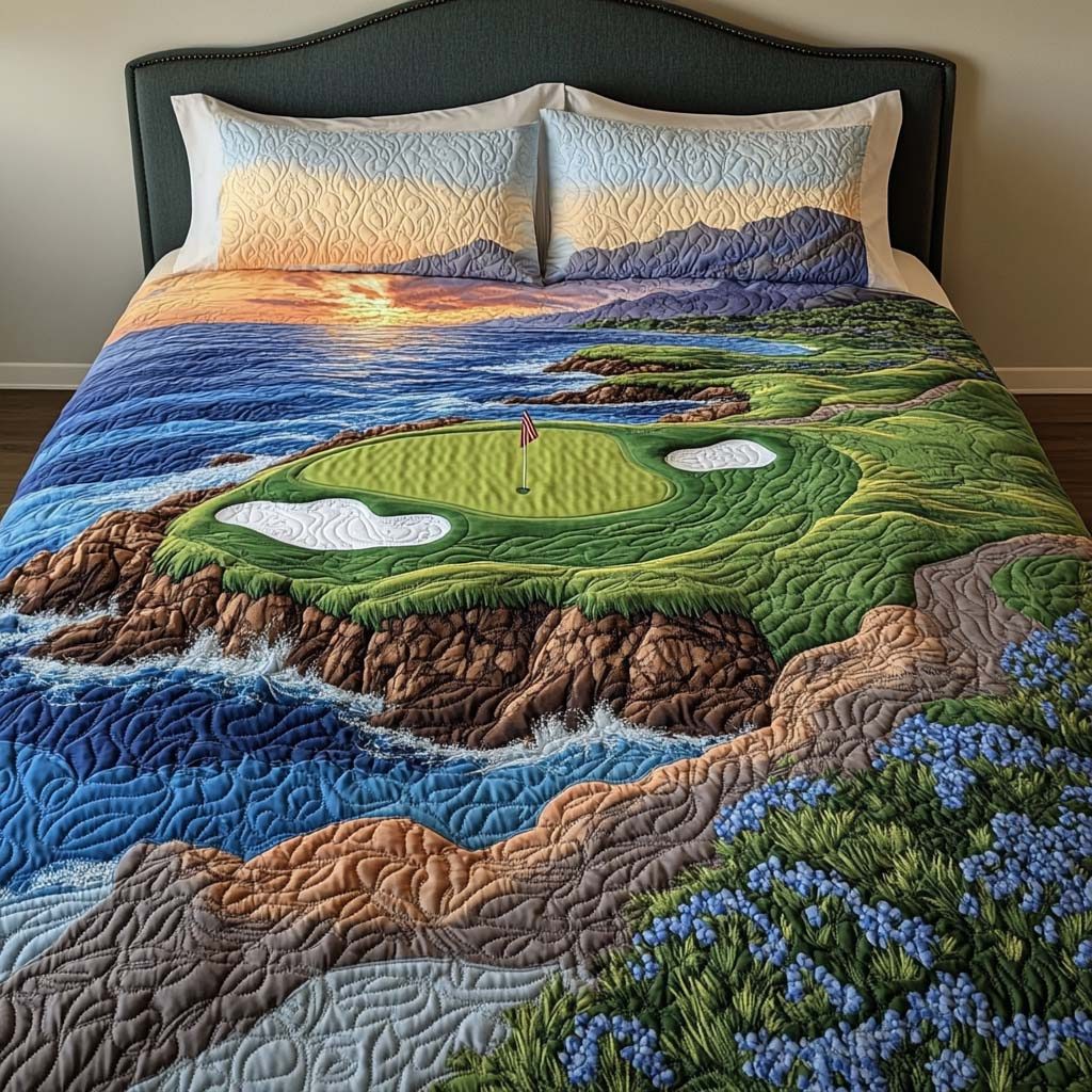 Cedar Valley Golf Course quilted 3-piece bedding set on a made bed with two matching pillow shams