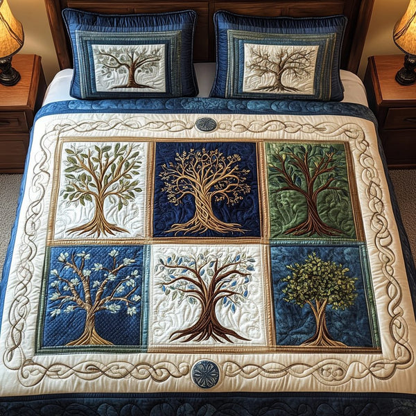 Celestial Arbor Quilt quilted 3-piece bedding set on a made bed with two matching pillow shams