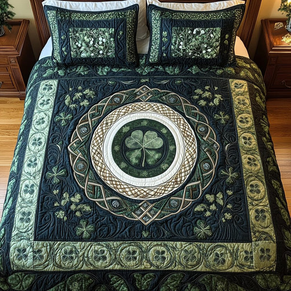 Celestial Arbor quilted 3-piece bedding set on a made bed with two matching pillow shams