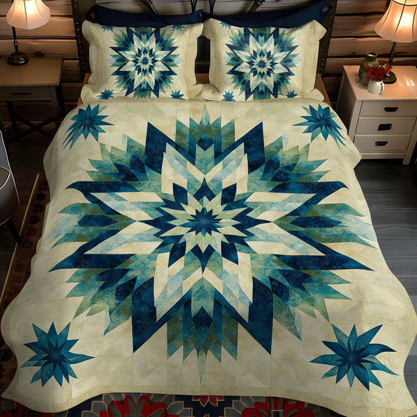 Celestial Barn Star quilted 3-piece bedding set on a made bed in a farmhouse bedroom