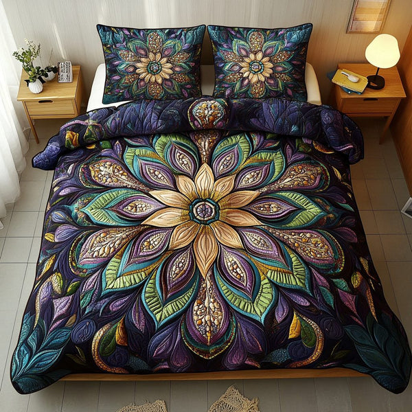 Celestial Bloom Harmony quilted 3-piece bedding set on a made bed with two matching pillow shams