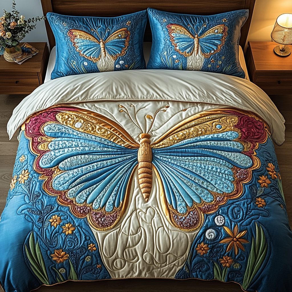 Celestial Bloom quilted 3-piece bedding set on a made bed with two matching pillow shams