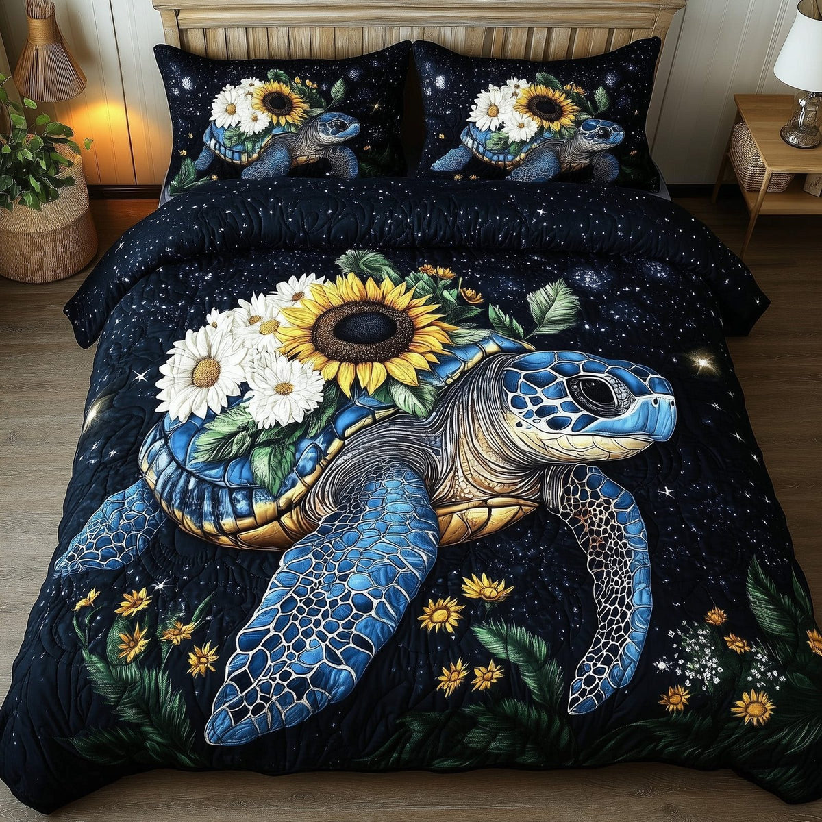 Celestial Bloom Turtle quilted 3-piece bedding set on a made bed in a light coastal bedroom