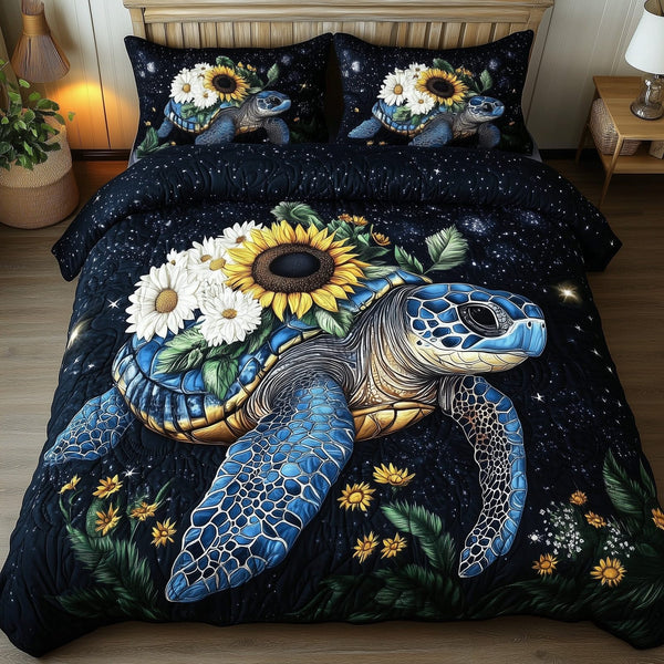 Celestial Bloom Turtle quilted 3-piece bedding set on a made bed in a light coastal bedroom