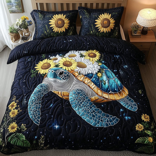 Celestial Bloom Turtle quilted 3-piece bedding set on a made bed in a light coastal bedroom