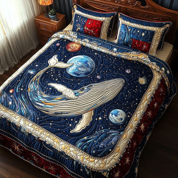 Celestial Blue Harmony quilted 3-piece bedding set on a made bed with two matching pillow shams