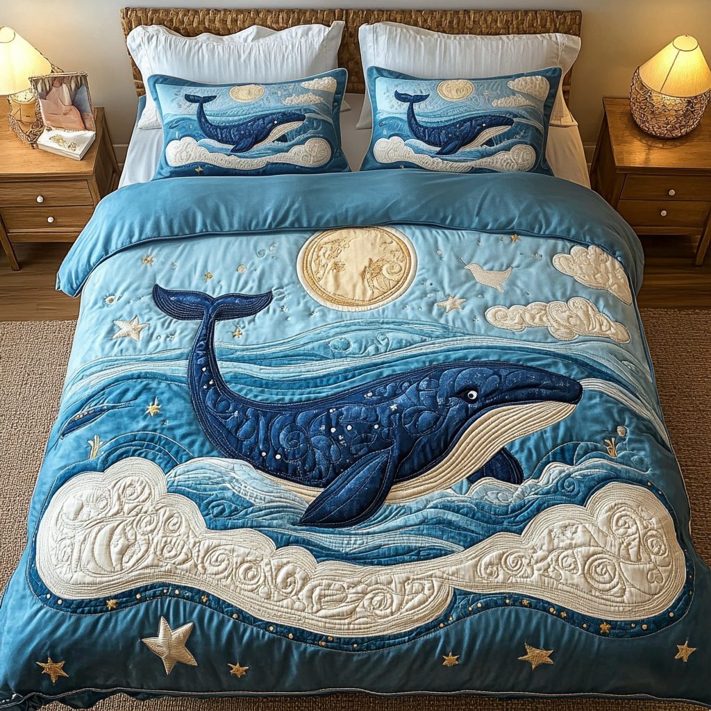 Celestial Blue Whale quilted 3-piece bedding set on a made bed in a light coastal bedroom