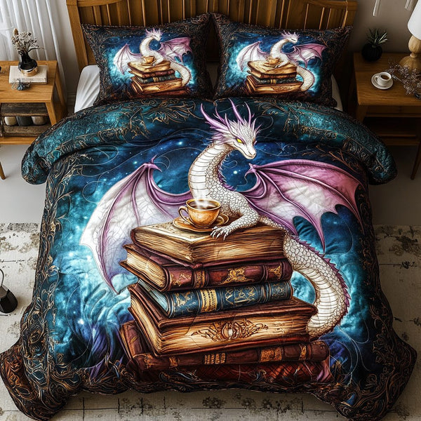 Celestial Book Guardian quilted 3-piece bedding set on a made bed with two matching pillow shams