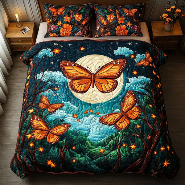 Celestial Butterflies quilted 3-piece bedding set on a made bed with two matching pillow shams