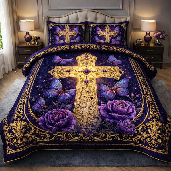 Celestial Butterfly Cross quilted 3-piece bedding set on a made bed in a softly lit bedroom