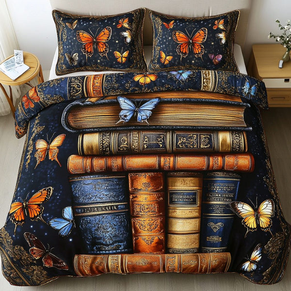 Celestial Butterfly Library quilted 3-piece bedding set on a made bed with two matching pillow shams