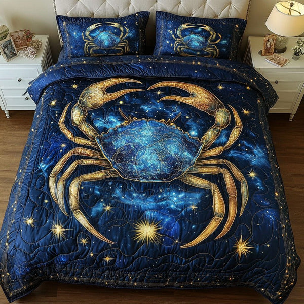 Celestial Cancer quilted 3-piece bedding set on a made bed with two matching pillow shams