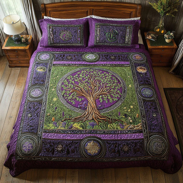 Celestial Canopy quilted 3-piece bedding set on a made bed with two matching pillow shams