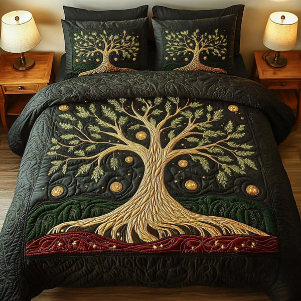 Celestial Canopy quilted 3-piece bedding set on a made bed with two matching pillow shams