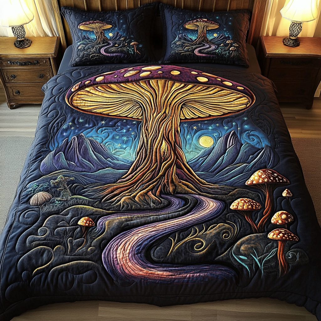 Celestial Cap quilted 3-piece bedding set on a made bed with two matching pillow shams