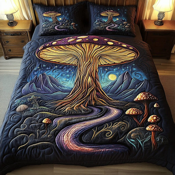 Celestial Cap quilted 3-piece bedding set on a made bed with two matching pillow shams