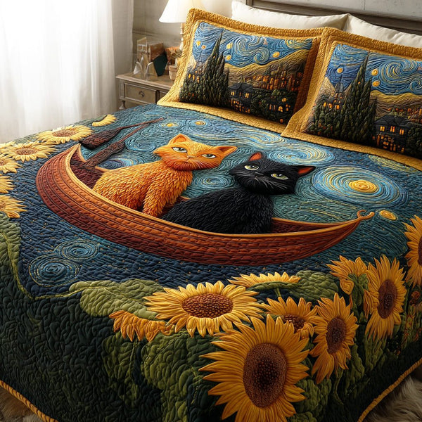 Celestial Cat Night quilted 3-piece bedding set on a made bed with two matching pillow shams