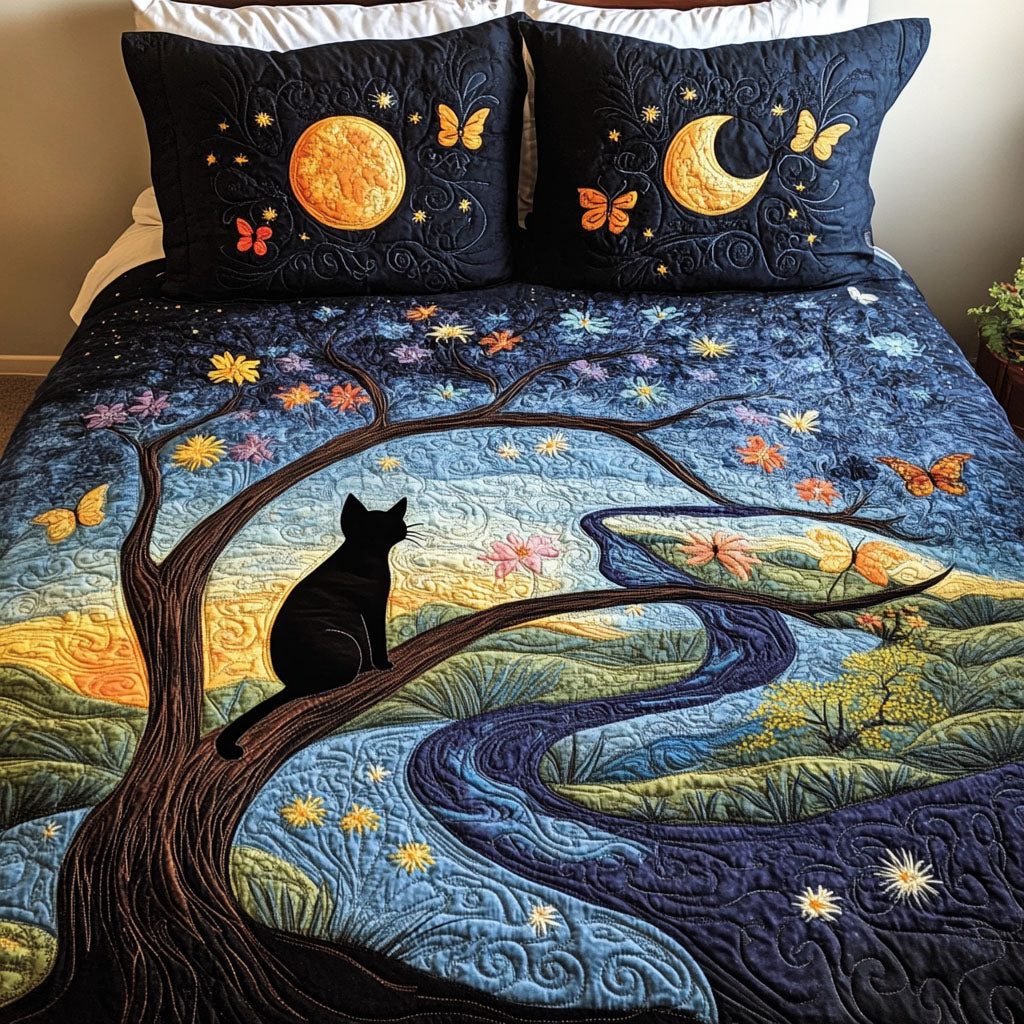 Celestial Cat quilted 3-piece bedding set on a made bed with two matching pillow shams