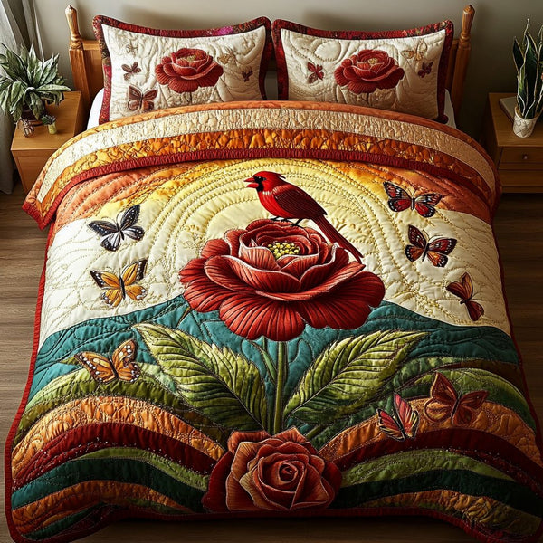 Celestial Chirp quilted 3-piece bedding set on a made bed with two matching pillow shams