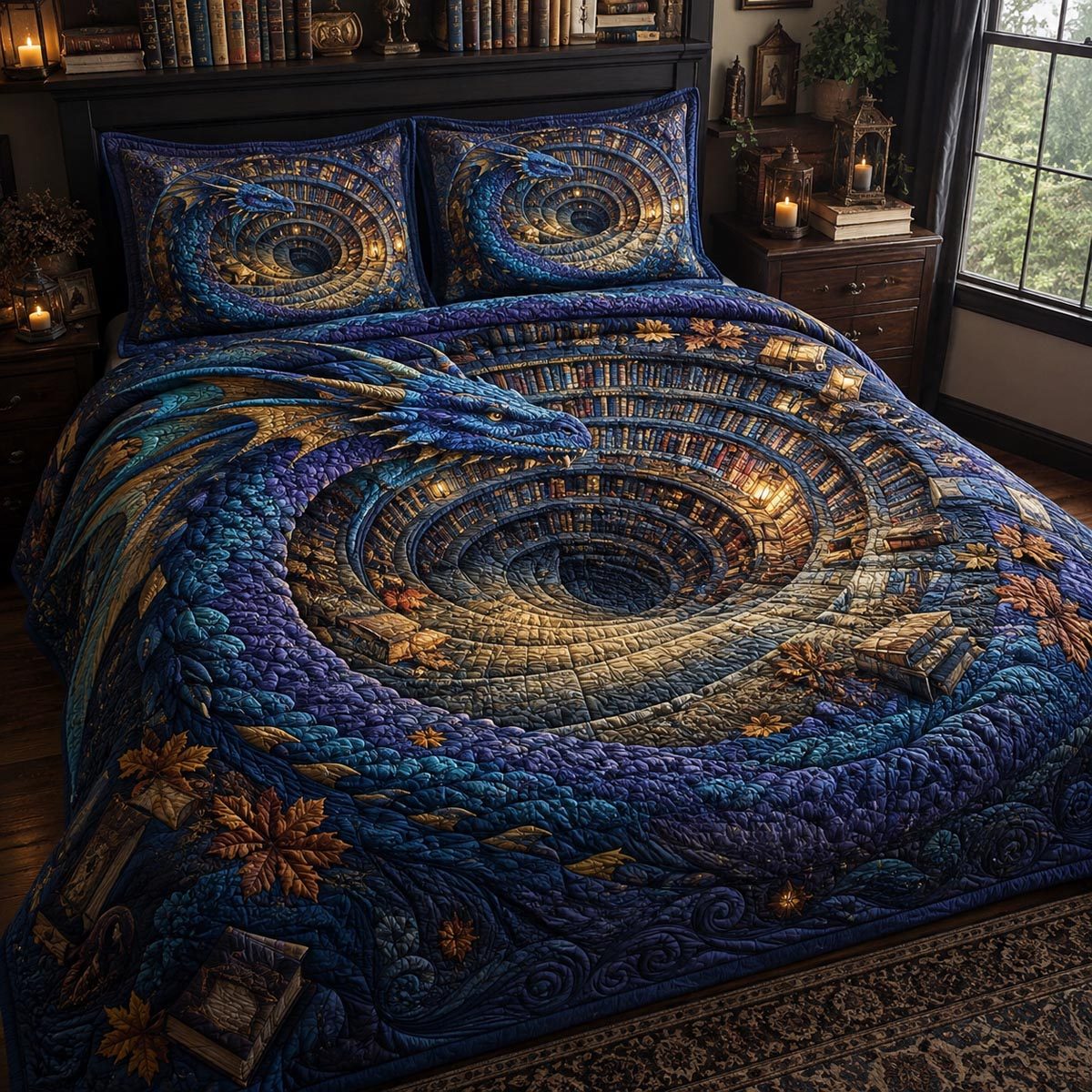 Celestial Coil quilted 3-piece bedding set on a made bed with two matching pillow shams