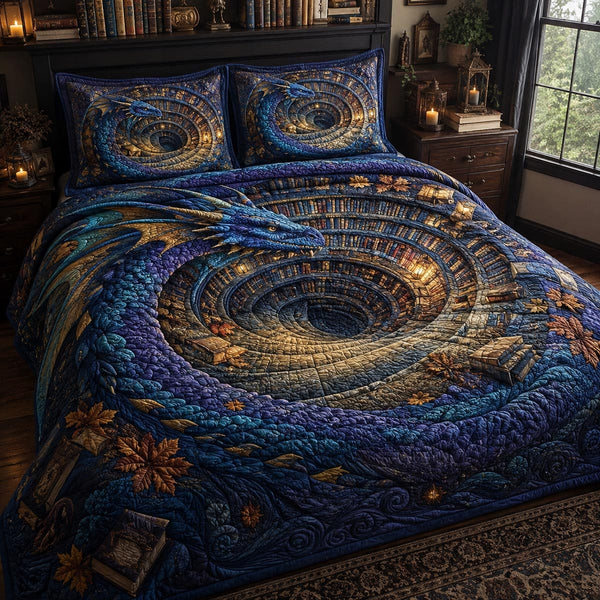 Celestial Coil quilted 3-piece bedding set on a made bed with two matching pillow shams