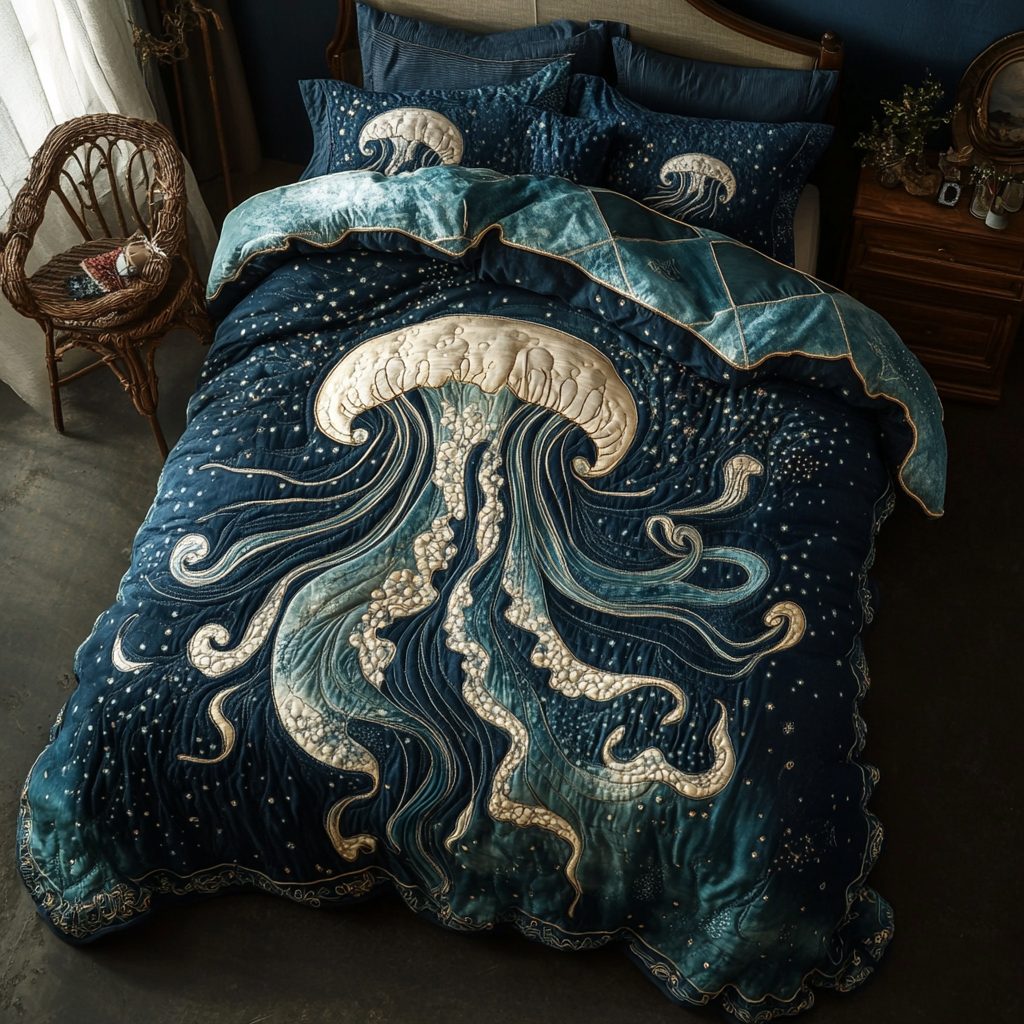 Celestial Current quilted 3-piece bedding set on a made bed with two matching pillow shams