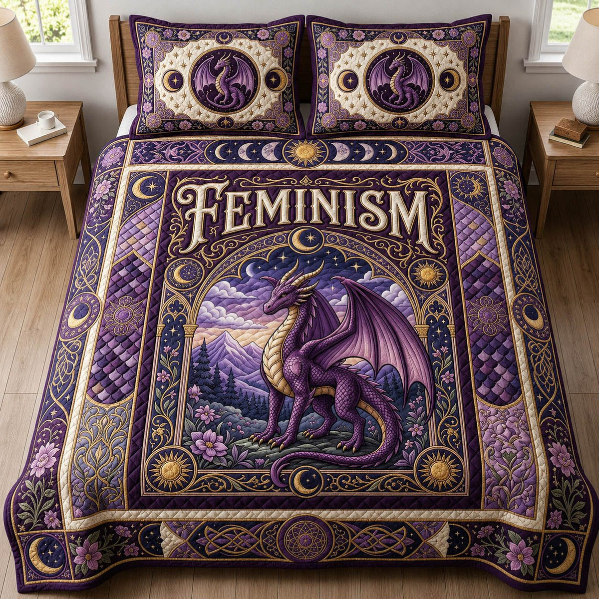 Celestial Dragon quilted 3-piece bedding set on a made bed with two matching pillow shams