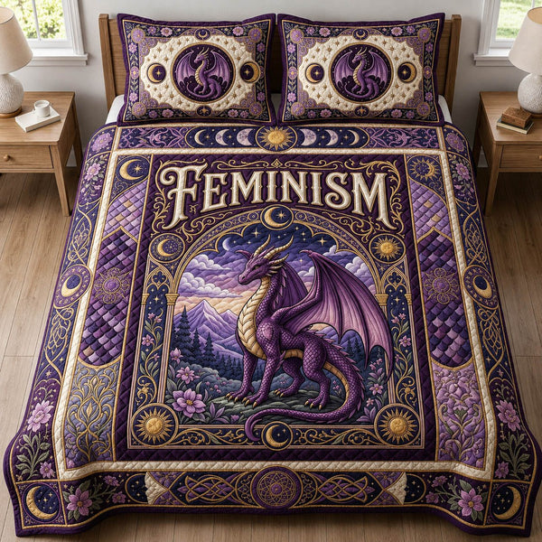 Celestial Dragon quilted 3-piece bedding set on a made bed with two matching pillow shams