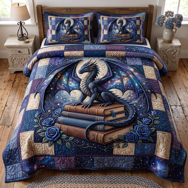 Celestial Dragon quilted 3-piece bedding set on a made bed with two matching pillow shams