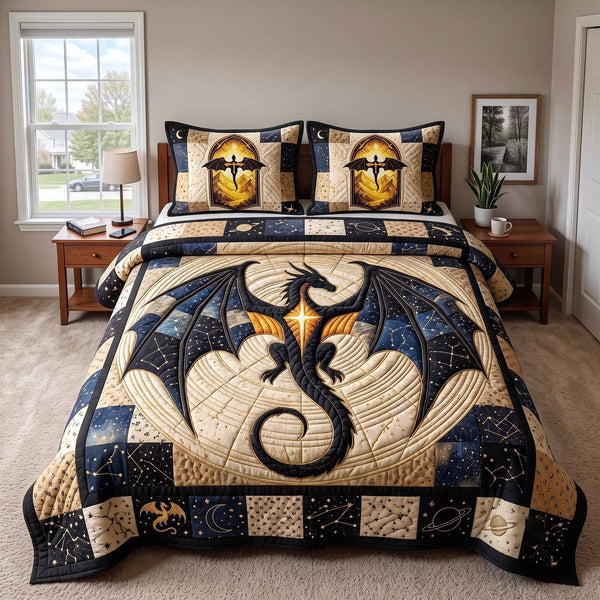 Celestial Dragon quilted 3-piece bedding set on a made bed with two matching pillow shams