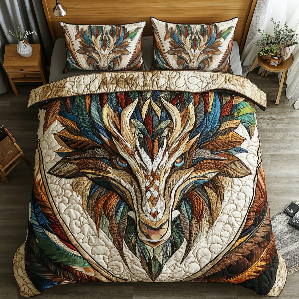 Celestial Dragon quilted 3-piece bedding set on a made bed with two matching pillow shams