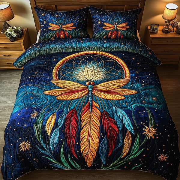 Celestial Dragonfly quilted 3-piece bedding set on a made bed with two matching pillow shams