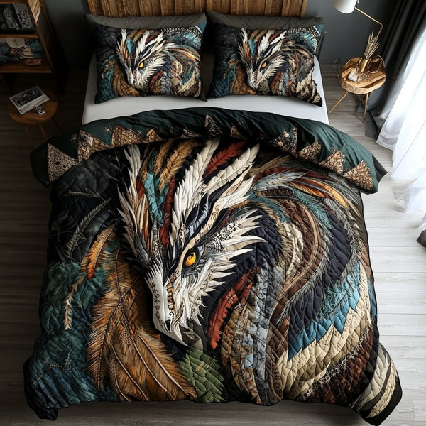 Celestial Drakon quilted 3-piece bedding set on a made bed with two matching pillow shams
