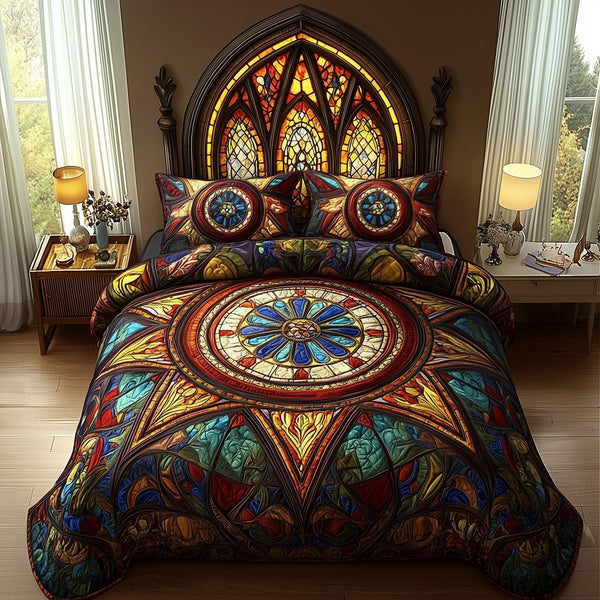 Celestial Dreams quilted 3-piece bedding set on a made bed with two matching pillow shams