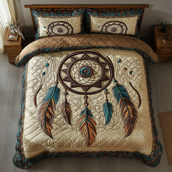 Celestial Dreams quilted 3-piece bedding set on a made bed with two matching pillow shams