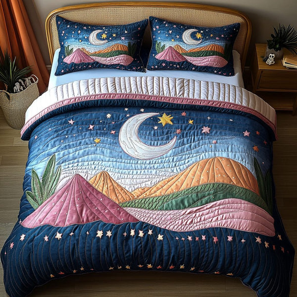 Celestial Dreams quilted 3-piece bedding set on a made bed with two matching pillow shams
