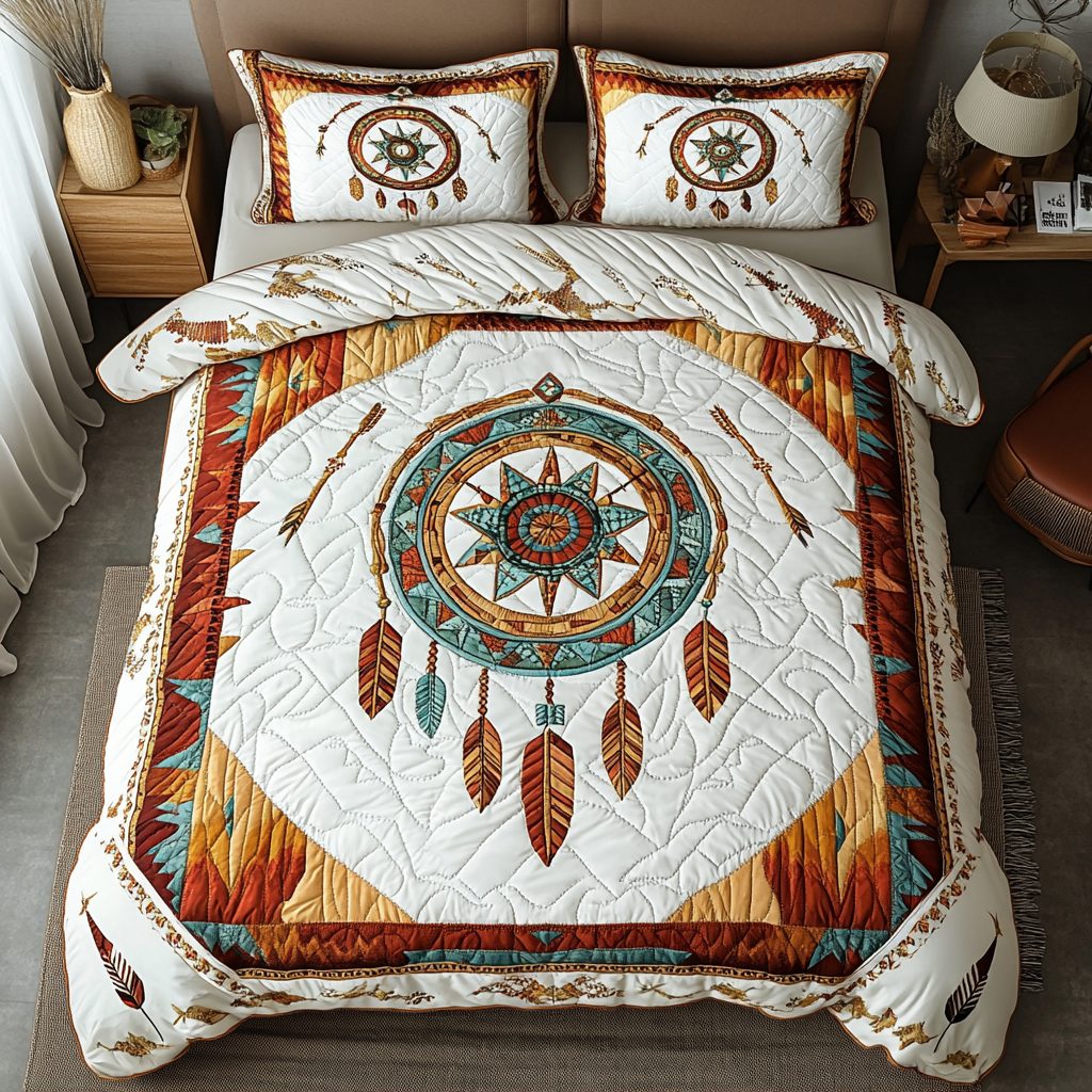 Celestial Dreams quilted 3-piece bedding set on a made bed with two matching pillow shams