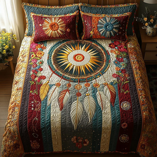 Celestial Dreams quilted 3-piece bedding set on a made bed with two matching pillow shams